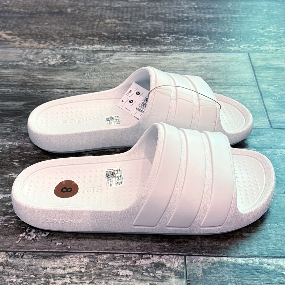 Adidas Unisex Adilette Flow Slide Sandal White Womens Size 9 Mens Size 8 NWT - Picture 11 of 13